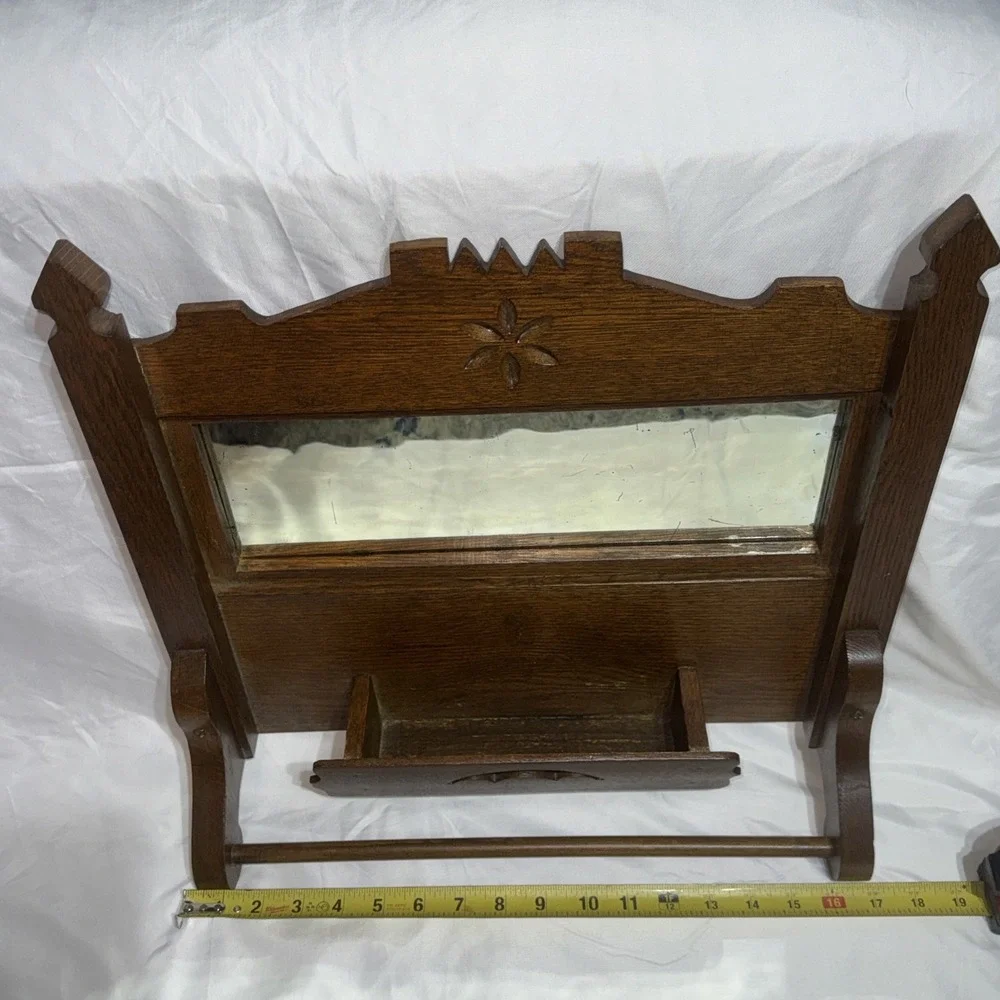 Antique Oak Wood Wall Shaving Mirror Towel Rack & Accessory Box Wall Hang